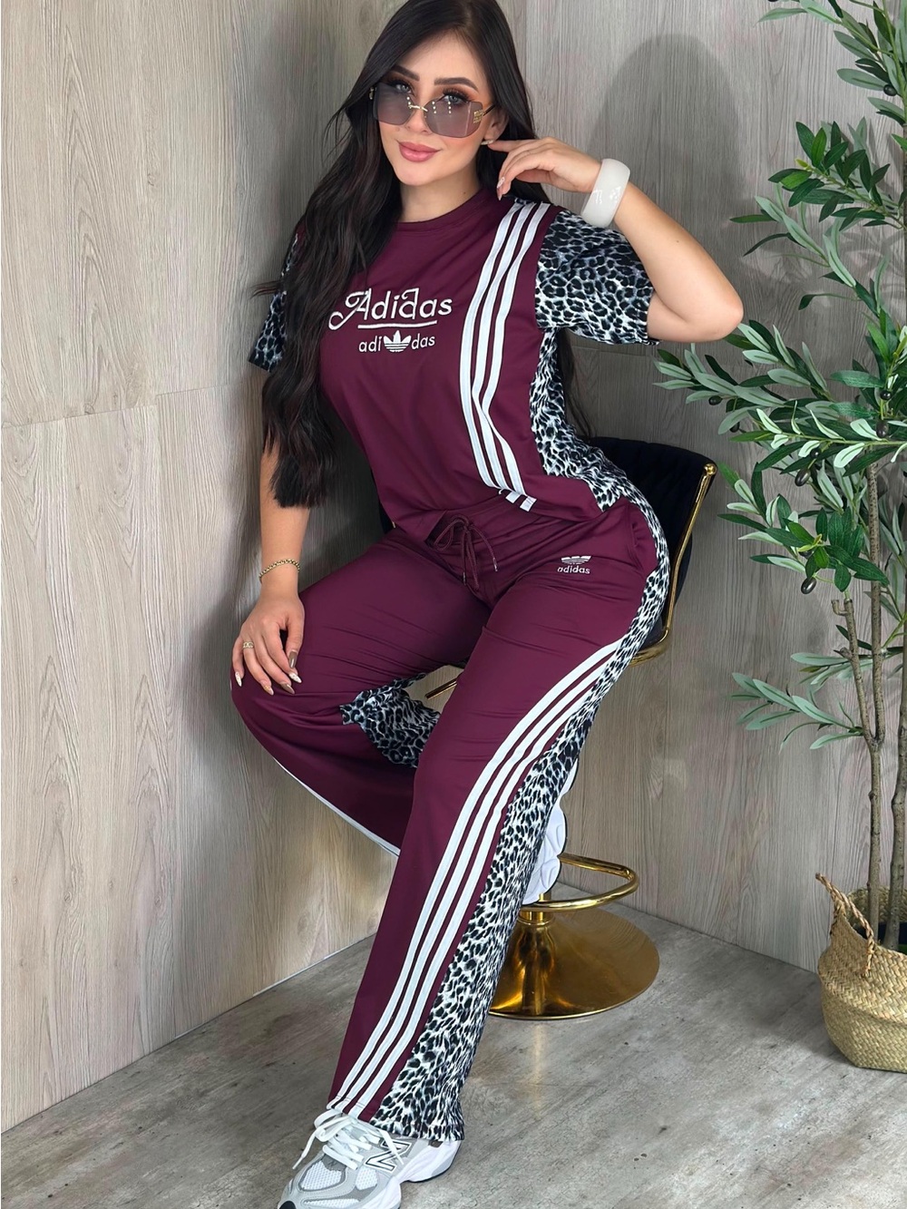Maroon Leopard-Trim Women’s Athleisure Pants Set